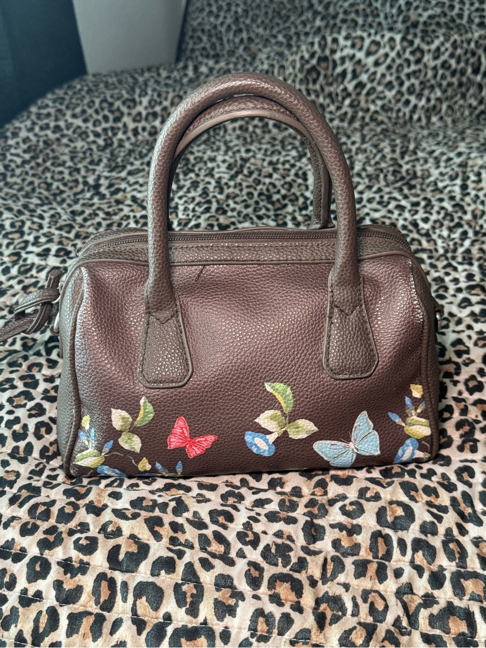 Laura Scott Brown Satchel with Colorful Butterfly Embroidery